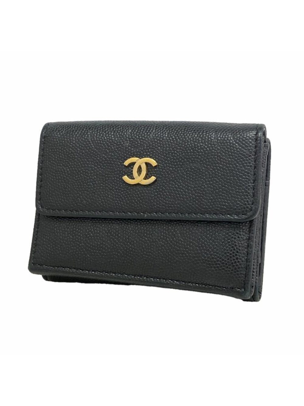 Chanel Trifold Wallet Camellia Caviar Leather Black Champagne Gold